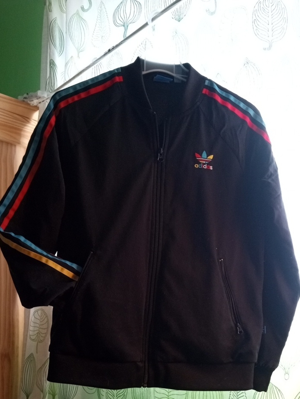 adidas Black Bomber Jacket with Red, Teal and Gold Stripes